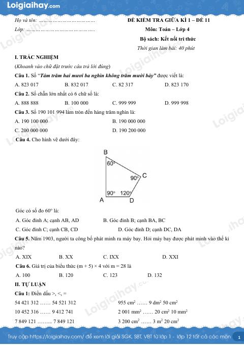 Đề kiểm tra giữa học kì 1 Toán 4 Kết nối tri thức - Đề số 11
